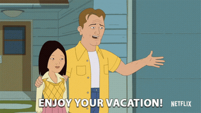 Cartoon Man And Girl Saying Enjoy Your Vacation GIF