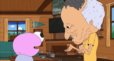 Cartoon Man And Pink Monster With Bass Banner GIF