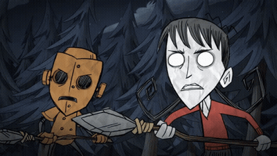 Cartoon Man And Robot Holding Sticks GIF