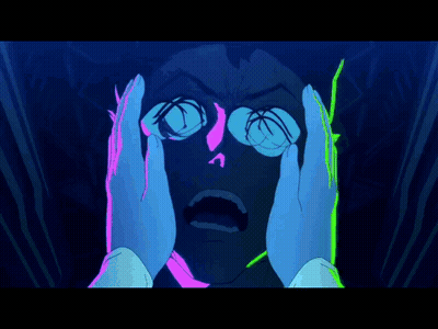 Cartoon Man And Woman Kissing With Glowing Green Lines GIF