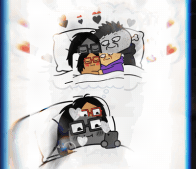 Cartoon Man And Woman Laying In Bed With Hearts GIF