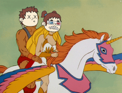 Cartoon Man And Woman Riding Unicorn GIF