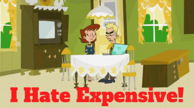 Cartoon Man And Woman Sitting At Table Saying I Hate Expensive GIF