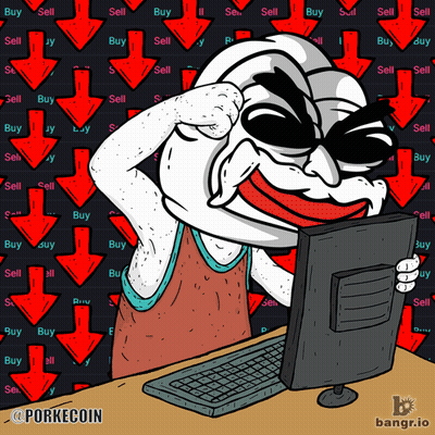 Cartoon Man At Computer With Arrows Saying Buy And Sell GIF