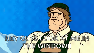 Cartoon Man At Window Saying Hey Guys Look At Me GIF