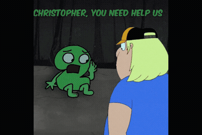 Cartoon Man Beside Green Monster Saying Christopher You Need Help Us GIF