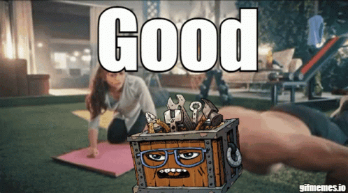 Cartoon Man Doing Push Ups With Words Good Behind Him GIF