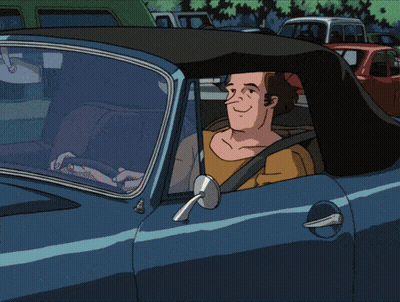 Cartoon Man Driving Blue Convertible GIF