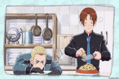 Cartoon Man Grating Cheese On Pasta GIF
