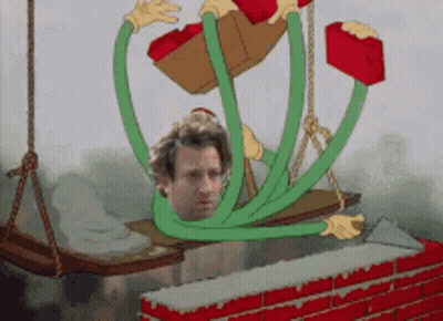Cartoon Man Hanging From Rope With Many Arms GIF