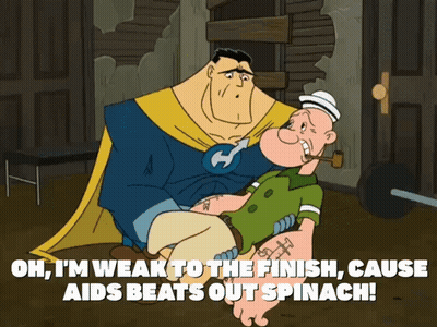 Cartoon Man Holding Another Man Saying Uh I'm Weak GIF