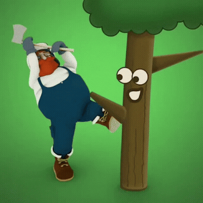 Cartoon Man Holding Axe Next To Tree GIF