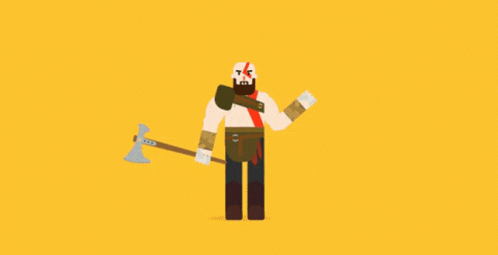 Cartoon Man Holding Axe With Victory Behind Him GIF
