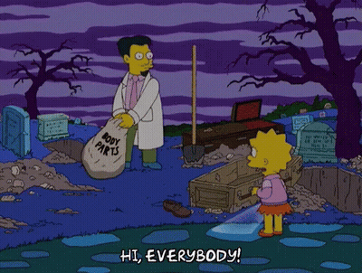 Cartoon Man Holding Bag Of Body Parts Girl Saying Hi Everybody GIF