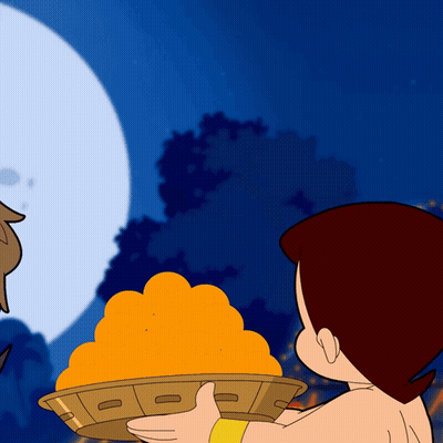 Cartoon Man Holding Basket Of Oranges Under Full Moon GIF