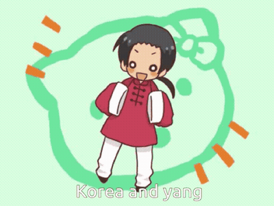 Cartoon Man Holding Box Saying Korea And Yang GIF