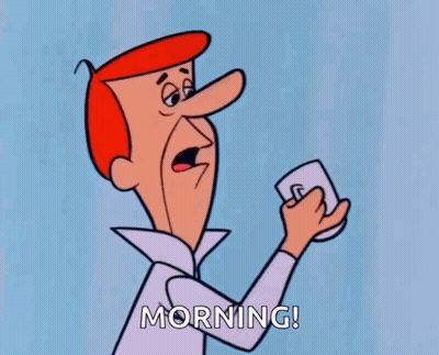Cartoon Man Holding Coffee Saying Morning GIF