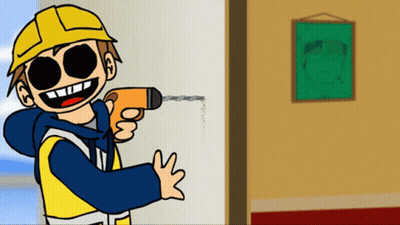 Cartoon Man Holding Drill In Front Of Picture GIF