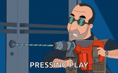 Cartoon Man Holding Drill Saying Pressing Play GIF