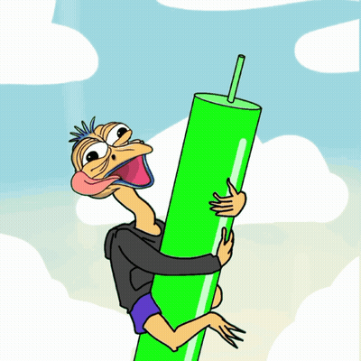 Cartoon Man Holding Green Cylinder With Straw GIF