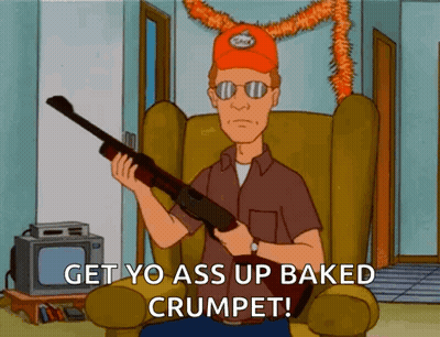 Cartoon Man Holding Gun Get Yo Ass Up Baked Crumpet GIF