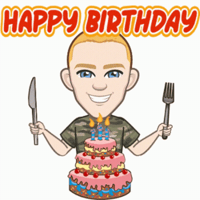 Cartoon Man Holding Knife And Fork With Birthday Cake GIF