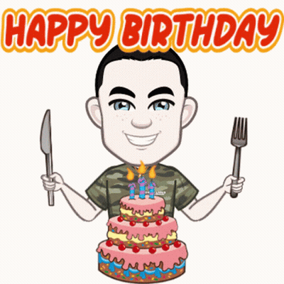 Cartoon Man Holding Knife Fork Near Birthday Cake GIF