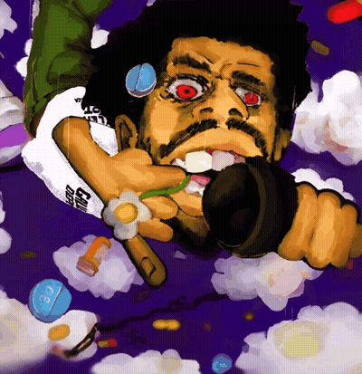 Cartoon Man Holding Microphone Flower In Mouth Pills GIF