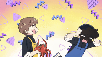 Cartoon Man Holding Octopus While Another Man Holds His Head