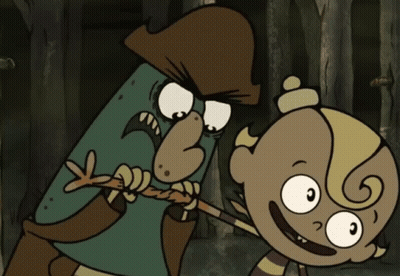 Cartoon Man Holding Stick Next To Boy GIF