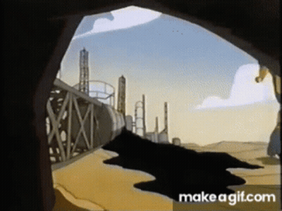 Cartoon Man In Cave Looking At Factory GIF