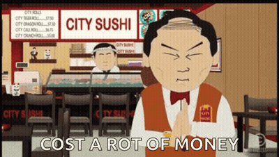 Cartoon Man In Front Of City Sushi Sign GIF