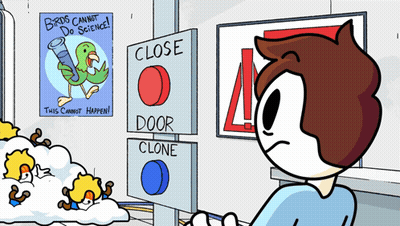 Cartoon Man In Front Of Sign Saying Birds Cannot Do Science GIF