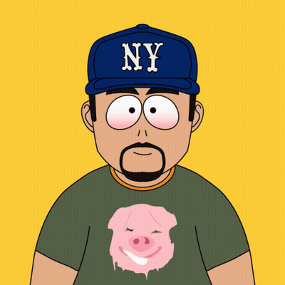 Cartoon Man In NY Hat And Pig T-Shirt GIF