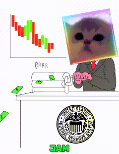 Cartoon Man In Suit With Cat On Head And US Federal Reserve Logo GIF