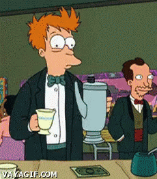 Cartoon Man In Tuxedo Holding Blender And Cup Of Coffee GIF
