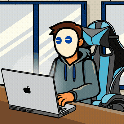 Cartoon Man In White Mask Using Apple Laptop GIF