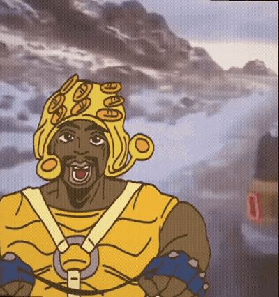 Cartoon Man In Yellow Outfit And Hat With Circles GIF
