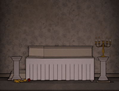 Cartoon Man Kneeling At Coffin And Candles GIF