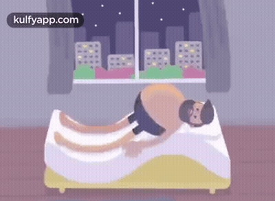Cartoon Man Laying On Bed By Window With Buildings GIF