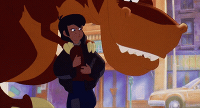 Cartoon Man Next To Brown Dinosaur GIF