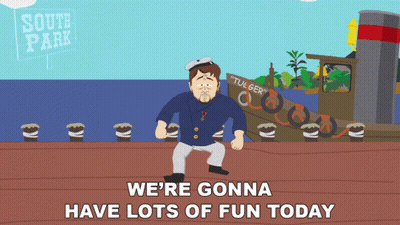 Cartoon Man On Dock Saying We're Gonna Have Fun GIF