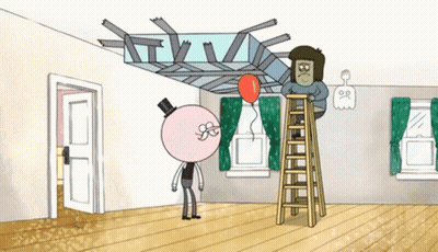 Cartoon Man On Ladder With Balloon GIF