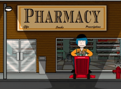 Cartoon Man Pushing Cart In Front Of Pharmacy GIF