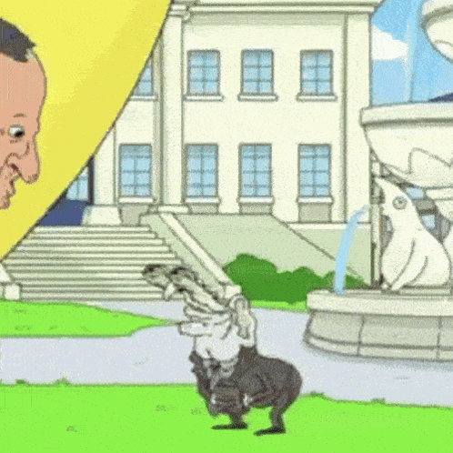 Cartoon Man Riding Donkey In Front Of Building GIF