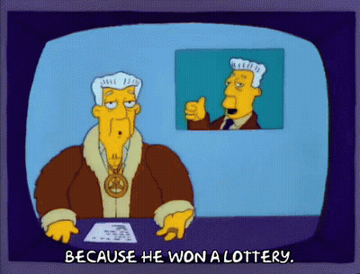 Cartoon Man Sitting At Desk Because He Won A Lottery GIF