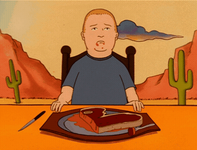 Cartoon Man Sitting At Table With Meat GIF