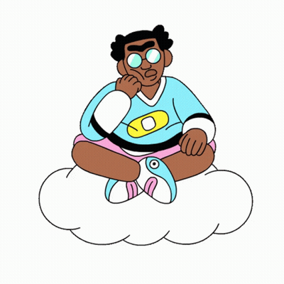 Cartoon Man Sitting On Cloud With Hand On Chin GIF