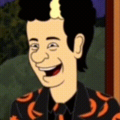 Cartoon Man Smiling In Black Shirt With Orange Bananas GIF