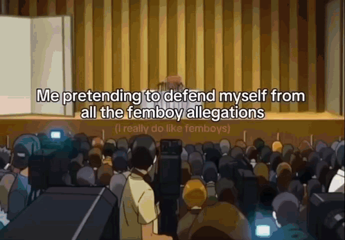 Cartoon Man Standing In Front Of Crowd Saying Me Pretending To Defend Myself GIF